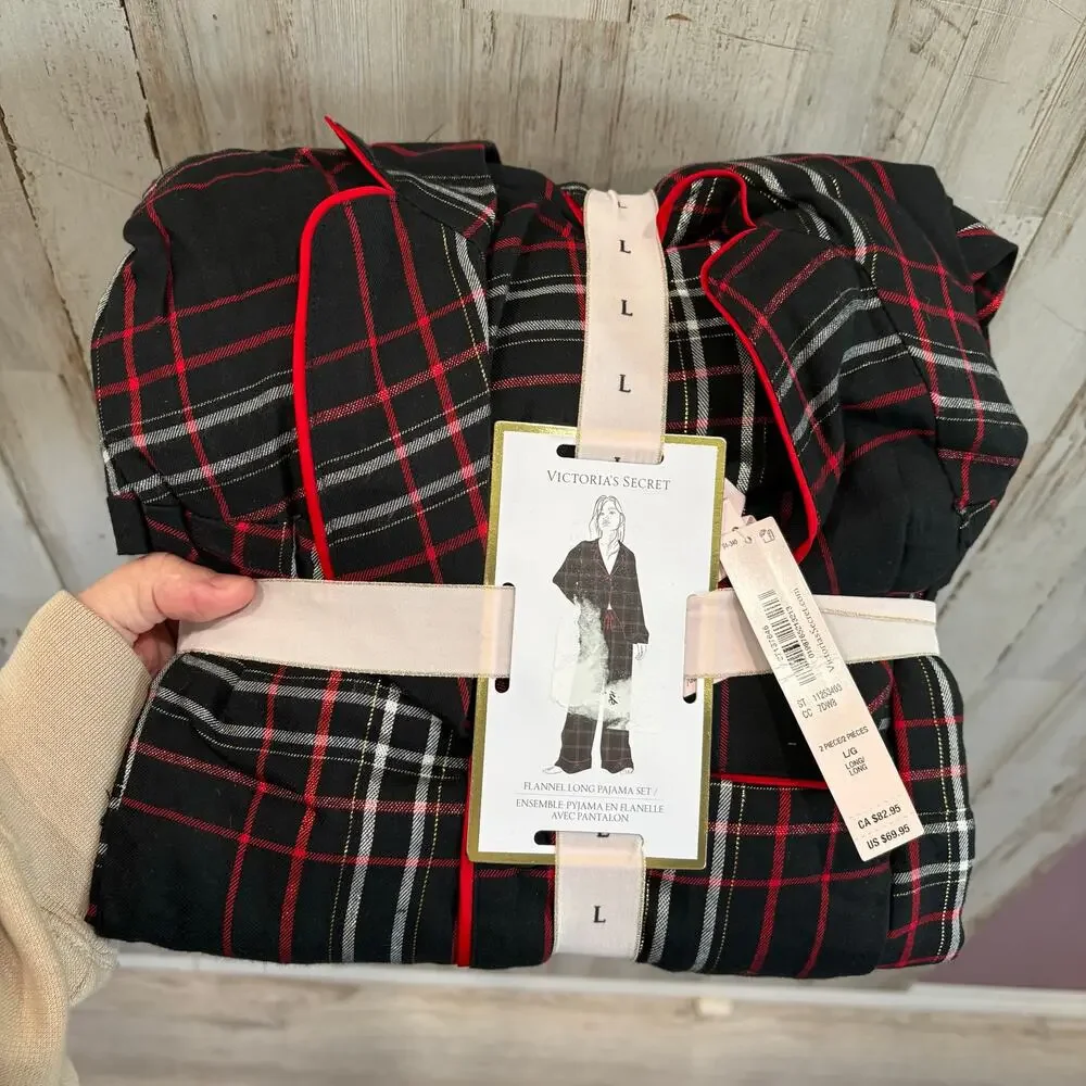 New Victorias Secret 2 Piece Long Sleeve Plaid Flannel Pajama Set Large Long